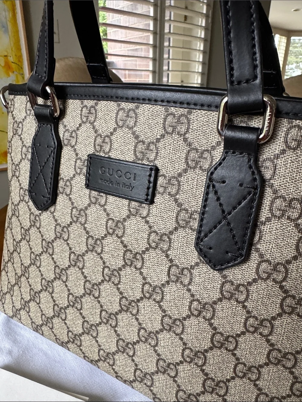 Gucci Beige GG Canvas Satchel with Black Leather Trim